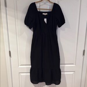 LOFT Black Square Neck Puff Sleeve Midi Dress